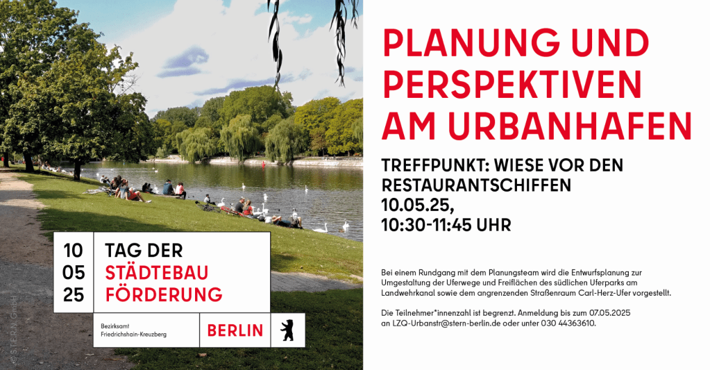 Das Bezirksamt lädt am 10. Mai um 10:30 Uhr zum Rundgang am Urbanhafen mit dem Planungsteam ein, um über den aktuellen Stand der Planung zu informieren. Alle Interessierten Menschen sind herzlich willkommen teilzunehmen. Anmeldung unter 030 44363610 oder LZQ-Urbanstr@stern-berlin.de